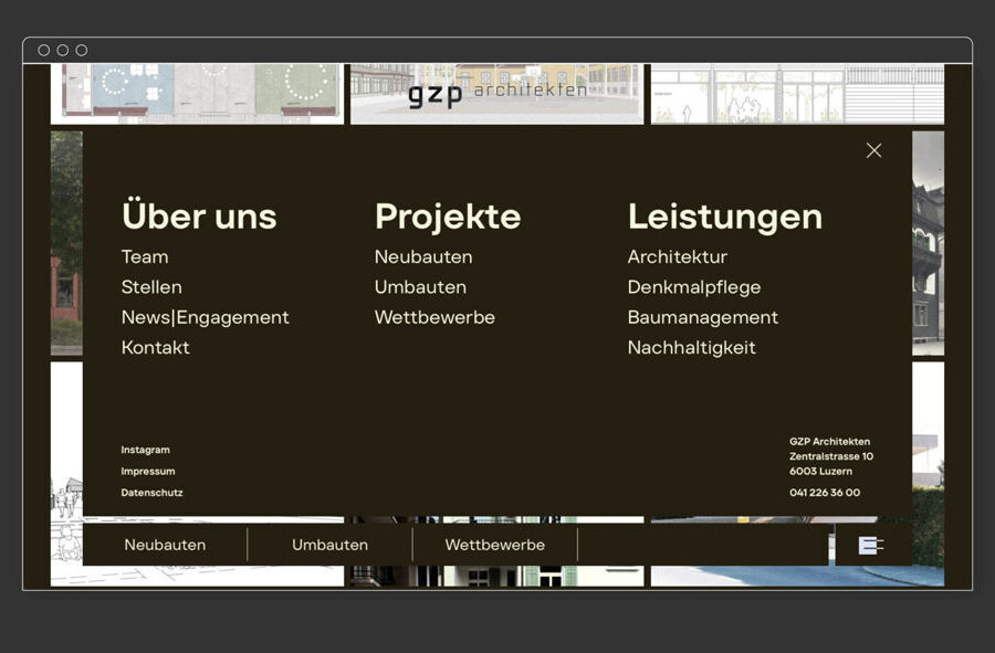 GZP Architekten, Webdesign, Navigation